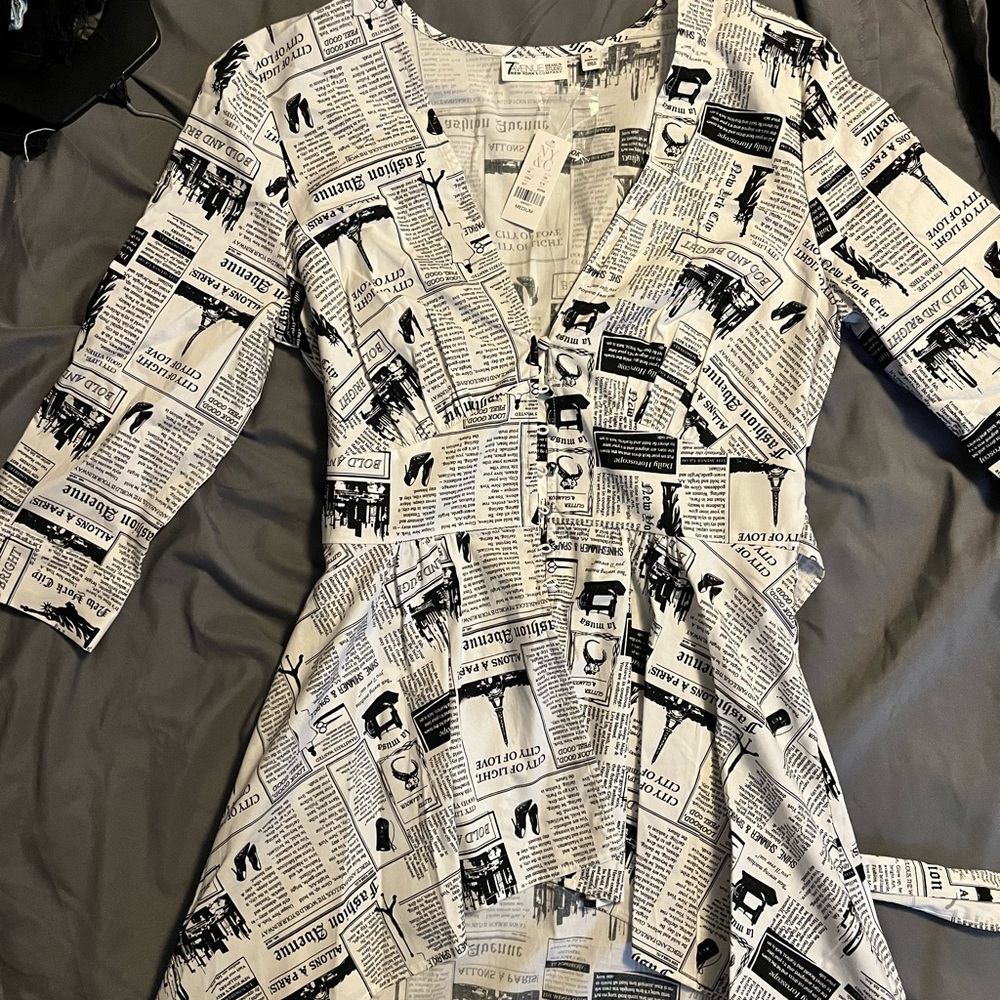 Black and White Newspaper Print Hi - Low Button Down Tunic Top